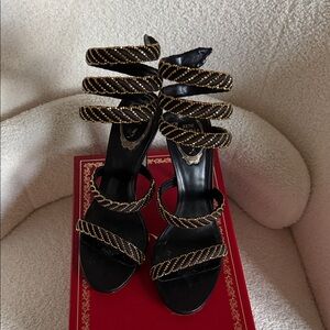 Rene Caovilla Black and Gold Strappy Heels
